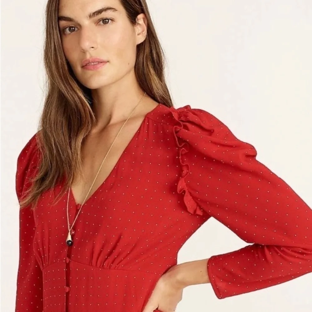 J Crew red /white polka dot drapey puff-sleeve dress SZ 10 NWT
